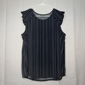 Adrianna Papell Ruffle Sleeve Blouse L Navy Blue Striped Flutter Sleeve Top